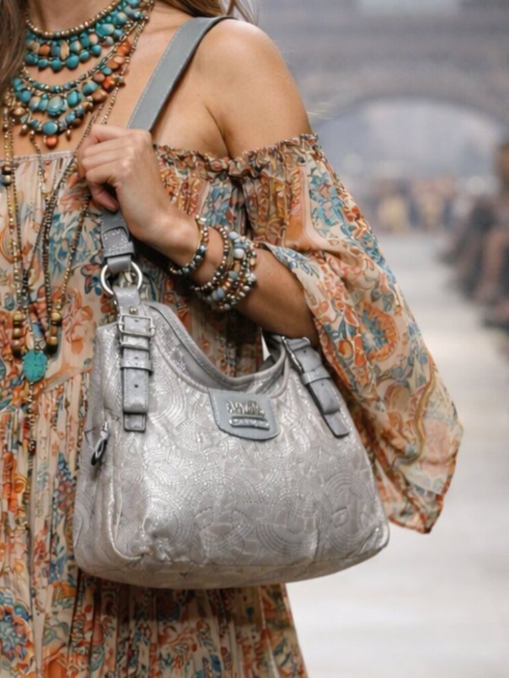 Coach Madison Maggie 18766 Metallic Silver Gray Leather Shoulder Bag